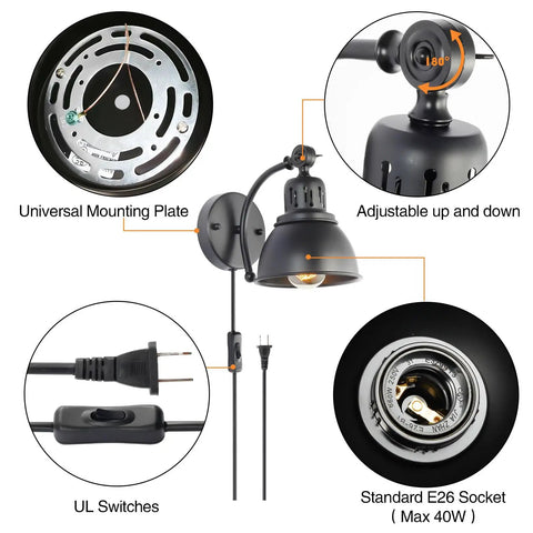 Set Of 2 Black Plug In Wall Sconces Industrial Style With On Off Cord Switch Metal Wall Mount details highlighted