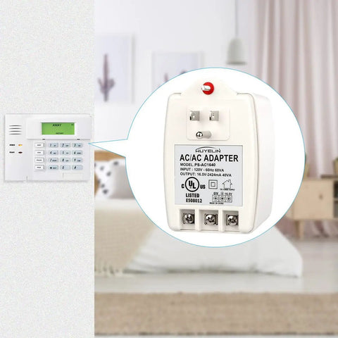 Sixteen Point Five Volt 40 VA Alarm And Doorbell Transformer Plug In For Home Security Systems shown beside security panel in room