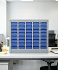 40 Drawer Steel Parts Cabinet with ABS Bin Organizers on office desk, pro grade storage organizer with dividers and label slots