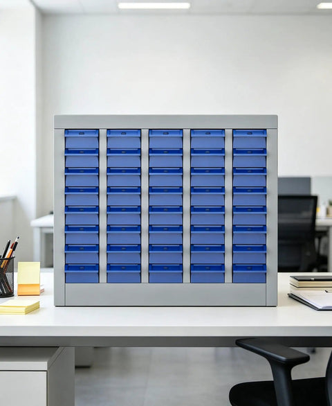 40 Drawer Steel Parts Cabinet with ABS Bin Organizers on office desk, pro grade storage organizer with dividers and label slots