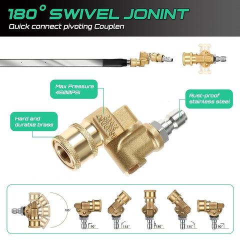 180° swivel joint with brass and stainless steel components, part of Dual Size Radiator Cleaning Wand Set 47 Inch And 24 Inch Stainless Steel 4500 PSI Radiator Cleaner With Pressure Washer Gun Adapter And Tips For Cars Trucks And Heavy Equipment