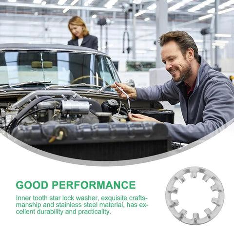 Mechanic using Internal Tooth Serrated Lock Washers Kit in Stainless Steel for industrial and scientific fastening near car engine.