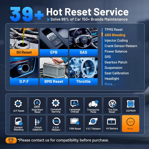 Image showing features of the Do It All D7S OBD2 Scanner With Bidirectional Diagnostics And AI Assist, ECU Coding, 39 Plus System Resets.