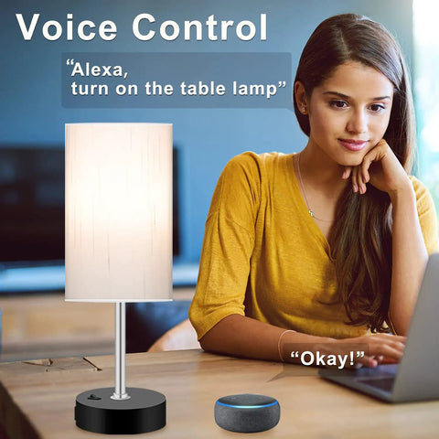 Woman using Smart RGB LED Bedside Lamp With USB Charging Ports, Multicolor Dimmable Table Light For Bedroom That Works With Alexa