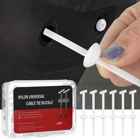Shop Ready Pro Grade Nylon Cable Tie Buckle Kit with clear storage box, showing white buckle in black panel for car bumper repair
