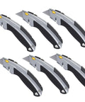 One Touch Blade Change Retractable Utility Knife Kit 6 Pack with swing out blade storage, beefy cast metal core, ergonomic curved grip.