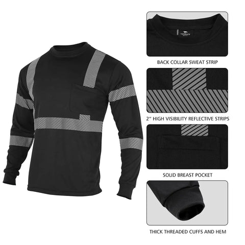 Hi Vis Safety Long Sleeve Shirt ANSI Class 2 Reflective Construction Workwear For Men Women Black 2XL Breathable