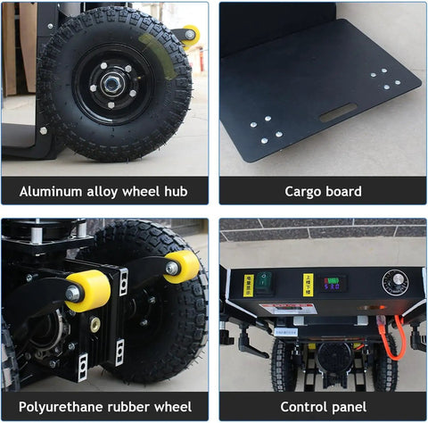 Ultra Heavy Duty Electric Stair Climbing Dolly Handles Up To 880 Pounds With Smooth Stepless Speed Control For Tough Jobs And Easy Moves Without The Sweat showing aluminum alloy wheels, cargo board, and control panel.