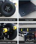 Super Lightweight Electric Stair Climbing Dolly With Mighty 1500W Motor And Massive 880 Lb Load Capacity showing aluminum alloy wheel hub and cargo board.