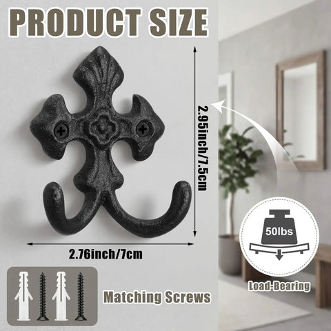 Built Like A Tank 8 Pack Double Wall Hooks Heavy Duty Wrought Iron Cast Iron Vintage Hangers decorative wall hook size 2.95 x 2.76 inch.