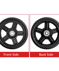 Front and back view of 8 Inch Lawn Mower Wheel Kit For Push Mower Set Of 2 With Bolts And Nuts Bore Half Inch Spoke Hole One And A Quarter Inch