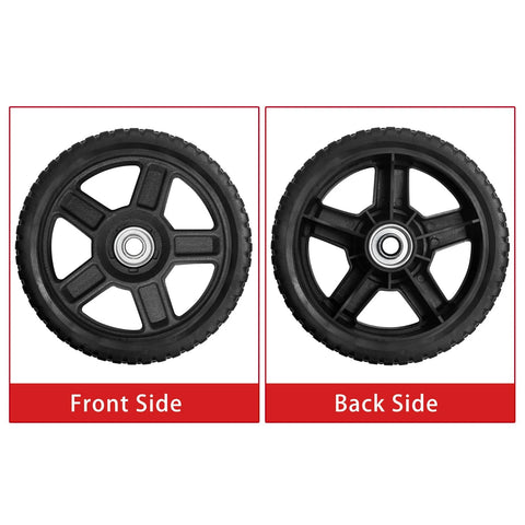 Front and back view of 8 Inch Lawn Mower Wheel Kit For Push Mower Set Of 2 With Bolts And Nuts Bore Half Inch Spoke Hole One And A Quarter Inch