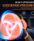 Cordless Car Buffer Polisher Kit With 2x2000mAh 21V Batteries showing eccentric polisher motion in orange and blue light
