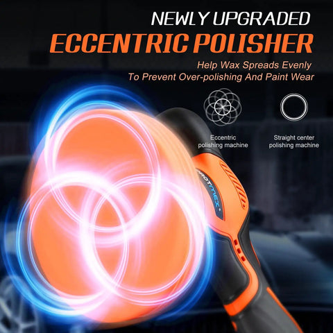 Cordless Car Buffer Polisher Kit With 2x2000mAh 21V Batteries showing eccentric polisher motion in orange and blue light