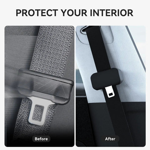 Comparison showing Five Pack Silicone Seat Belt Buckle Covers For Cars SUVs Trucks Anti Scratch Protection Reduces Noise And Protects Interior Surfaces Universal Fit Black installed.