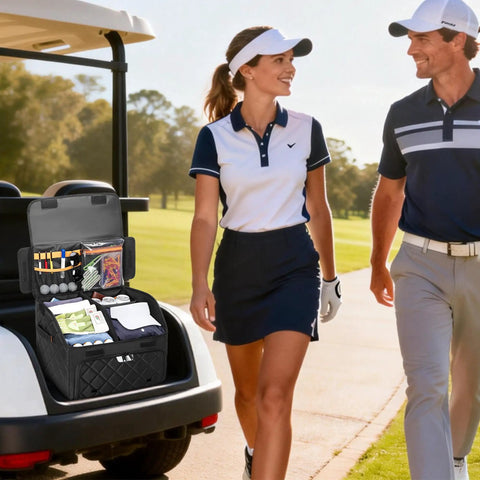 Dual Layer Golf Trunk Organizer With Ventilated Shoe Compartment For Two Pairs Of Shoes in golf cart with two golfers nearby