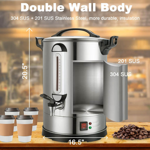 Massive Commercial Coffee Urn With 155 Cup Capacity Dual Layer Industrial Grade Stainless Steel 1500W 120V Hot Water Dispenser