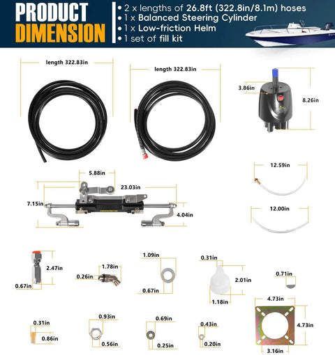 Plug And Play 300HP Hydraulic Outboard Steering Kit For Boats with Helm, Cylinder, and 26Ft Hoses shown with dimensions