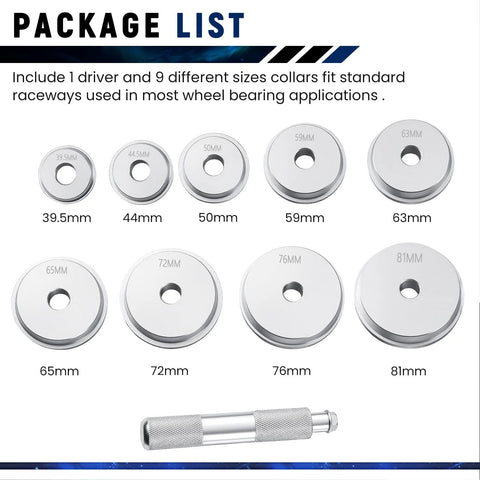 10-Piece Universal Aluminum Bearing Race and Seal Driver Set with Discs and Knurled Handle for Automotive Wheel Bearings