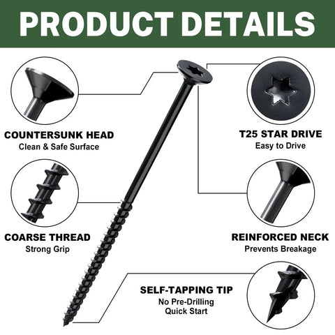 Top Shelf Exterior Deck Screws 4 Inch 10 X 4 Star Torx Drive With Black Anti Rust Coating 50 Piece Pack detailed view of countersunk head and coarse thread.