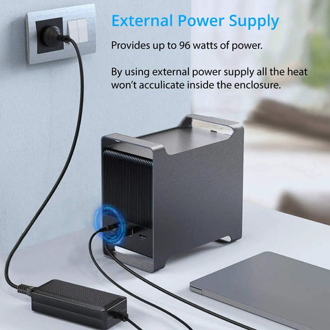Rock Solid 5 Bay External Hard Drive Enclosure Packing No Sweat USB 3.0 And ESATA Ports, showing external power supply connection.