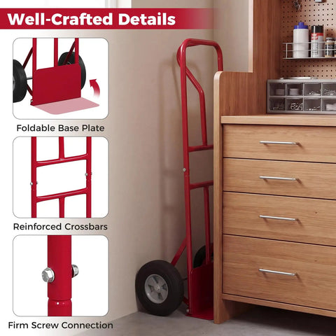Heavy Duty Metal Hand Truck With 600 Pound Capacity And Ergonomic P Handle, Foldable base plate and reinforced crossbars for durability.