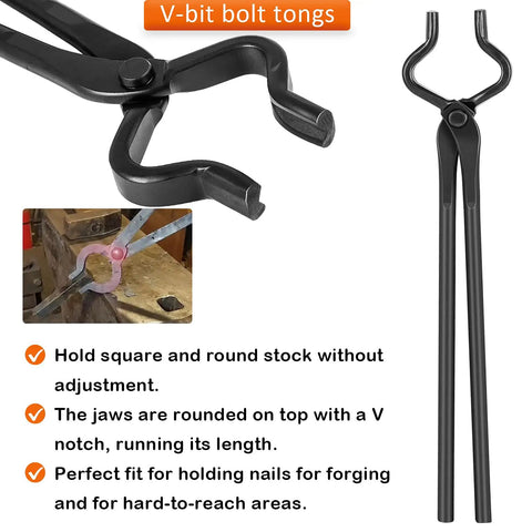 Heavy Duty Forge Day Essentials Four Pack Knife Making Tongs Set With V Bit Bolt Tongs showcasing clamping mechanism