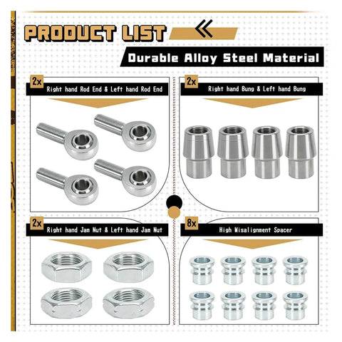 Heavy Duty Heim Joint Rod End Kit Two Pair Set With Left And Right Hand Threads Featuring Sealed Greased Chromoly Steel Design showing parts.
