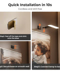 Quick installation steps for Top Notch Rechargeable Picture Lights Two Pack, showing cordless wall mounting process.