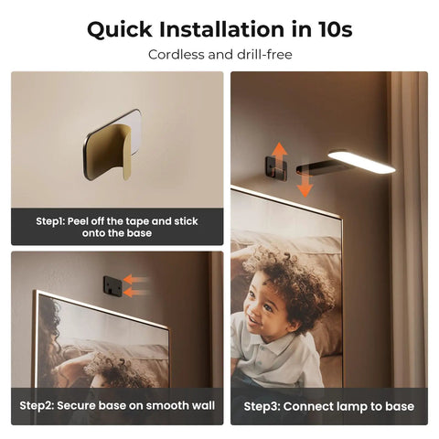 Quick installation steps for Top Notch Rechargeable Picture Lights Two Pack, showing cordless wall mounting process.