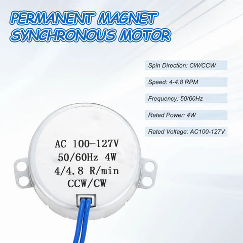 Low Speed Synchronous Motor Ac 100 To 127 Volt 50 60 Hertz Super Slow 4 To 4.8 Rpm Clockwise Counterclockwise 4 Watt D Shaft Rotating Motor Great For Electric Fans Heaters And Diy Art Projects with specifications shown on the casing and side text.