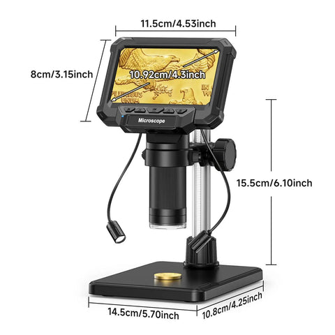 4.3 Inch LCD Digital Coin Microscope With Dual Side Lighting For Coin Collectors To Inspect Doubled Die RPM Scratches And Fine Mint Details Not Ideal For Capturing Full Views Of Large Coins, front view with dimensions