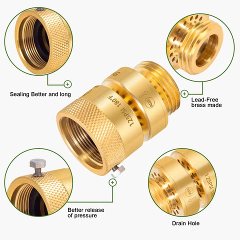 Replacement Self-Draining Vacuum Breaker for Hose Bib Backflow Prevention, 1-1/16 Inch Female to 3/4 Inch GHT Male, Lead-Free Brass, Anti-Siphon, Auto Drain features and details