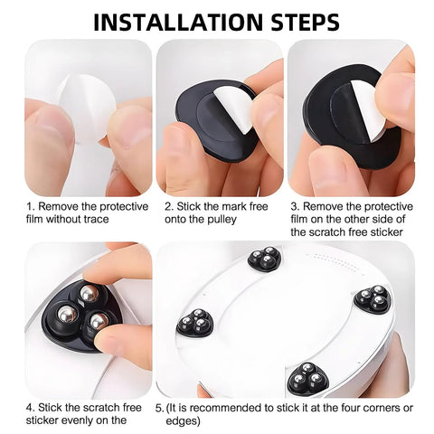 Installation steps for 8 Pack Self Adhesive Appliance Sliders With 360 Degree Swivel Mini Caster Wheels visible in close-up.