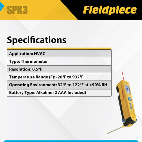 Pocket Type K Thermometer With Infrared Capability Dual Readings For In Duct And Surface Checks Folding Probe For Easy Duct Access And Quick Ambient Readouts With Backlit Display For HVACR Pros. Spec sheet with yellow handheld HVAC thermometer