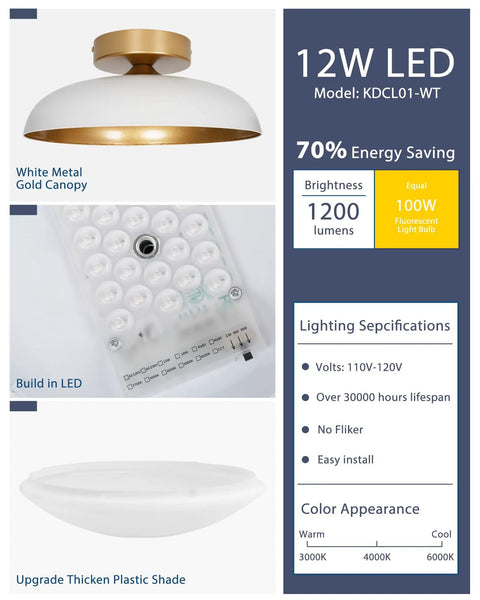 12 Inch LED Flush Mount Ceiling Light Fixture in White and Gold, 12W 1200lm, energy saving, 3CCT adjustable, product features chart