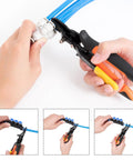 Push To Connect Fittings Disconnect Tong Tool For Easy No Sweat Removal Of Push Fit Pneumatic Fittings In Tight Spaces Fits 1/4 And 5/16 Inches 6mm And 8mm Quick Connect Air Hose Fittings Removal Tool, black hand tool on blue pneumatic hose