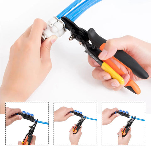 Push To Connect Fittings Disconnect Tong Tool For Easy No Sweat Removal Of Push Fit Pneumatic Fittings In Tight Spaces Fits 1/4 And 5/16 Inches 6mm And 8mm Quick Connect Air Hose Fittings Removal Tool, black hand tool on blue pneumatic hose