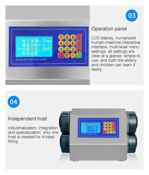 Pro Grade Automatic Liquid And Honey Filling Machine With Four Headed Conveyor Belt control panel showcasing LCD display and buttons.