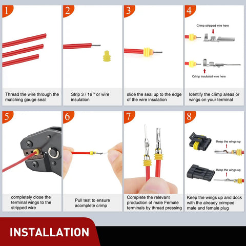 Step-by-step installation guide for 180 Piece 4 Pin Waterproof Electrical Connector Kit with Male And Female Terminals for Cars Trucks Motorcycles Boats, 4 Way Connectors Set, Includes 10 Sets.