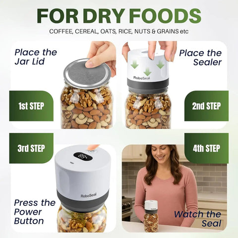 Cordless Mason Jar Vacuum Sealer With 10 Lids One Touch Auto Stop Rechargeable Food Preserver steps for dry foods
