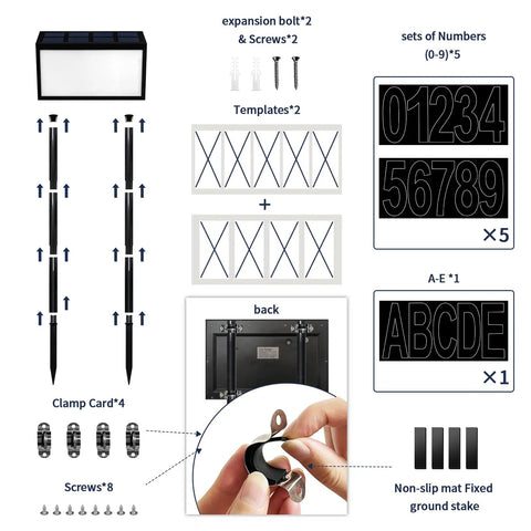 Lighted House Numbers For Outside Solar Powered LED Address Sign parts with templates, screws, stakes, and number sets.