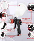 Close-up of Featherlight Pneumatic Spray Gun With Hard Anodized Aluminum Body, showing adjustable air cap, trigger, and valves.