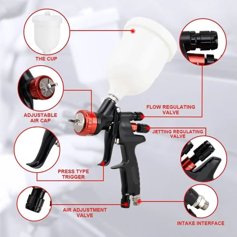 Close-up of Featherlight Pneumatic Spray Gun With Hard Anodized Aluminum Body, showing adjustable air cap, trigger, and valves.