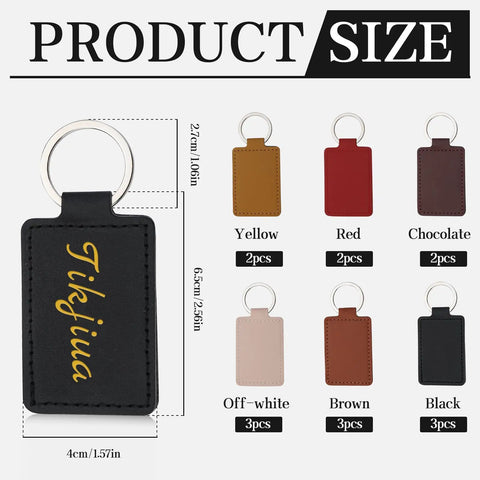 Top Shelf Pu Leather Keychain Blanks Set Contains Fifteen Heavy Duty Fob Tags In Six Bright Shades with sizes and colors displayed.