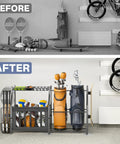 Garage Sports Gear Organizer Ball Storage Stand For Indoor Golf Bags And Gear, saves floor space, holds bags and balls