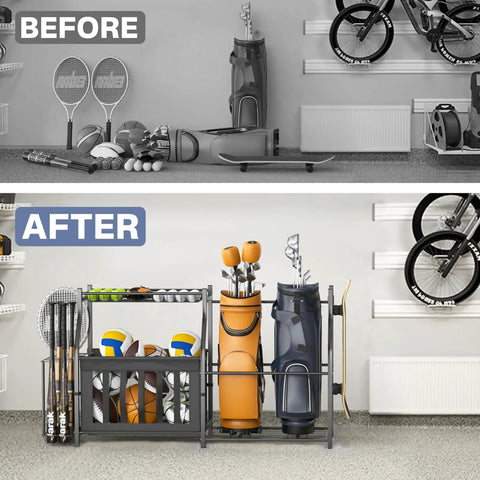 Garage Sports Gear Organizer Ball Storage Stand For Indoor Golf Bags And Gear, saves floor space, holds bags and balls