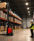 Heavy Duty 3300 Lbs Semi Electric Pallet Stacker And Narrow Pallet Jack For Tight Aisles, operator controls it in a warehouse.