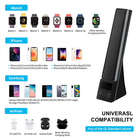 LED Desk Lamp With Wireless Charger 3 in 1 Fast Charging Station Touch Control Desk Lamp With Clock Alarm 3 Lighting Modes And Stepless Dimming For Home Office Eye Caring Black, shown with device compatibility.