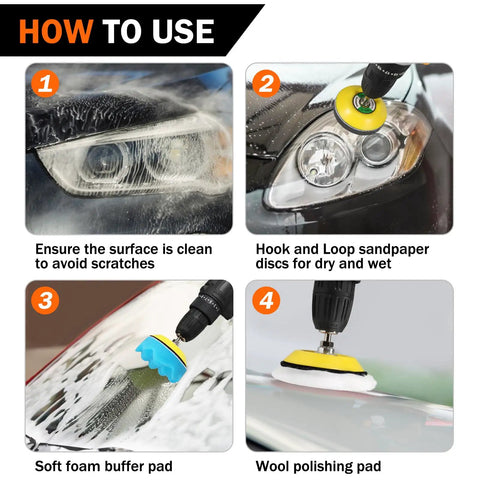 Instructions for using All In One 3 Inch Sanding Disc Polishing Kit for Drill Rotary Tools Wet Dry Headlight Restoration